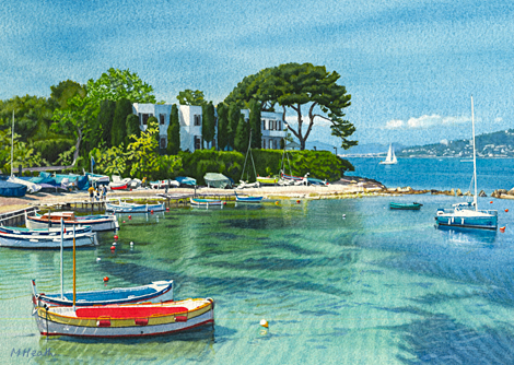 A watercolour painting of Port de l'Olivette, Cap d'Antibes, France by Margaret Heath RSMA.